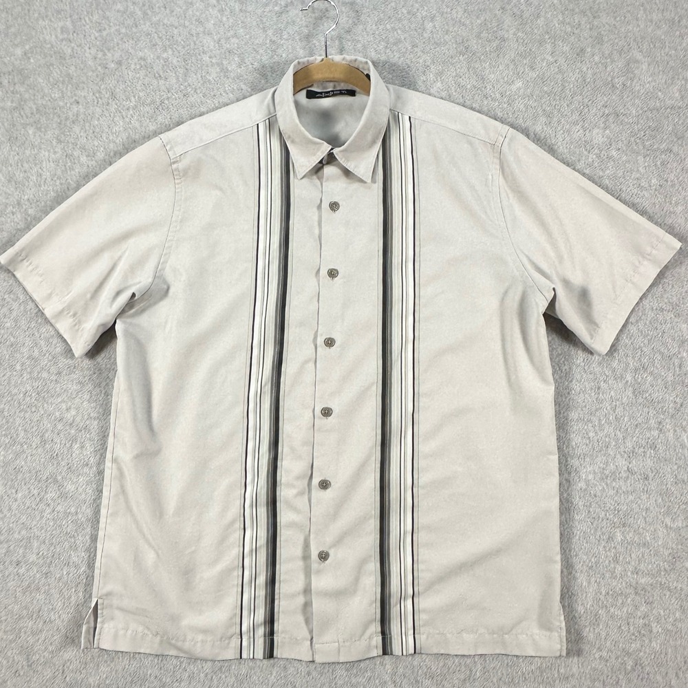 AXIST Men's Large Gray Striped Bowling Shirt Short Sleeve Button Up Retro Y2K